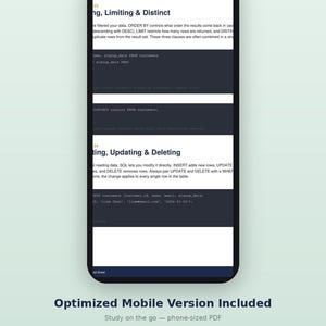 May include: A smartphone displaying a digital educational document about SQL programming. The screen shows sections titled Ordering, Limiting & Distinct, and Inserting, Updating & Deleting, featuring code snippets and explanatory text on a dark background.