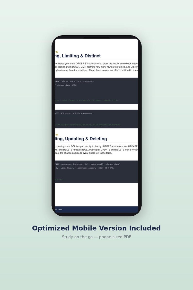 May include: A smartphone displaying a digital educational document about SQL programming. The screen shows sections titled Ordering, Limiting & Distinct, and Inserting, Updating & Deleting, featuring code snippets and explanatory text on a dark background.