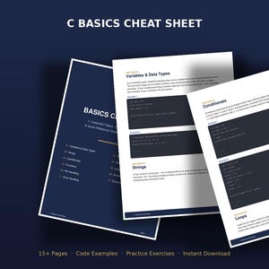Può includere: Un foglio di riferimento C Basics con oltre 15 pagine di esempi di codice ed esercizi pratici. Le pagine mostrano informazioni tecniche su variabili, tipi di dati, condizioni, stringhe e cicli su sfondo blu scuro con testo bianco.