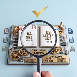 K&ouml;nnte beinhalten: Eine Lupe &uuml;ber einer mechanischen Platte mit Zahnr&auml;dern, die den Text anzeigt: A4 SIZE, US LETTER SIZE, THIS LISTING CONTAINS: LEFT COLUMN: - A4 PDF AND DOCS - US LETTER AND DOCX, ALL FORMATS INCLUDED, und CONFIRMED: ALL FORMATS INCLUDED.