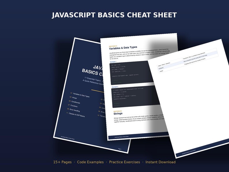 May include: A JavaScript Basics Cheat Sheet document featuring multiple pages with dark blue and white layouts. The pages display technical text, code snippets, and lists of programming topics including variables, data types, arrays, and strings.