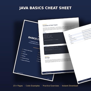 Puede incluir: Una hoja de referencia de Java Basics que consta de varias páginas con diseños en azul oscuro y blanco. El texto incluye encabezados como Variables & Data Types y Strings, junto con ejemplos de código, tablas y 11 temas esenciales.
