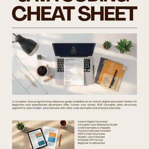 Op de afbeelding: Een Java-programmeer-spiekbriefje als digitale download met een laptop die het Java-logo toont, een gedrukte referentiegids, een notitieboek, een pen, een kopje koffie en kleine planten. De tekst luidt Java Coding Cheat Sheet.