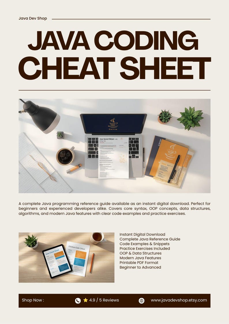 Op de afbeelding: Een Java-programmeer-spiekbriefje als digitale download met een laptop die het Java-logo toont, een gedrukte referentiegids, een notitieboek, een pen, een kopje koffie en kleine planten. De tekst luidt Java Coding Cheat Sheet.