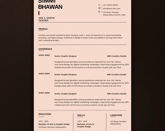 Web and Graphic Designer Resume Template | ATS Resume Template Word and Google Docs | Editable 1  Page CV with Cover Letter