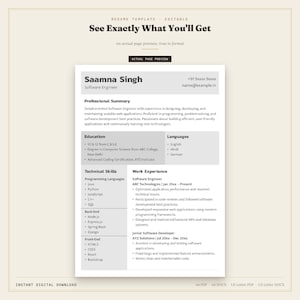 May include: An editable resume template featuring a clean, professional layout with sections for professional summary, education, languages, technical skills, and work experience. The document includes placeholder text for a software engineer.