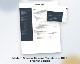 Modèle de CV moderne avec barre latérale | Modèle créatif à deux colonnes pour Word et Google Docs (Téléchargement instantané)