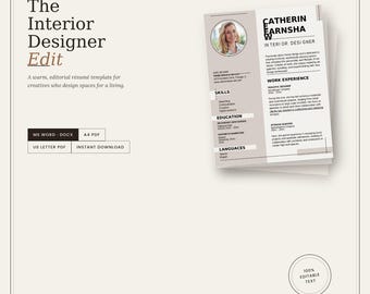Interior Designer Resume Template | ATS Resume Template Word and Google Docs | Editable 1 Page CV with Cover Letter Bundle