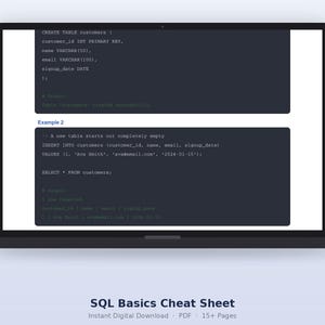 May include: A laptop screen displaying a SQL Basics Cheat Sheet with code snippets for creating tables and inserting data. The text includes SQL commands like CREATE TABLE, INSERT INTO, and SELECT, presented in dark grey code blocks on a white background.