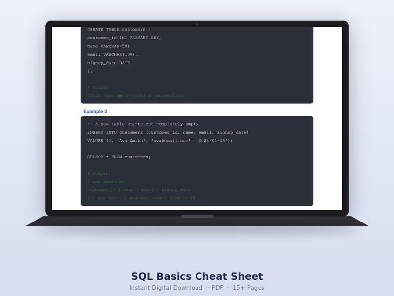 May include: A laptop screen displaying a SQL Basics Cheat Sheet with code snippets for creating tables and inserting data. The text includes SQL commands like CREATE TABLE, INSERT INTO, and SELECT, presented in dark grey code blocks on a white background.