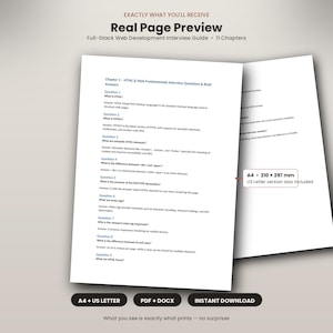 May include: A digital document titled Full-Stack Web Development Interview Guide with 11 chapters. The page displays technical questions and answers about HTML, including a label indicating A4 210 x 297 mm and US Letter version included.
