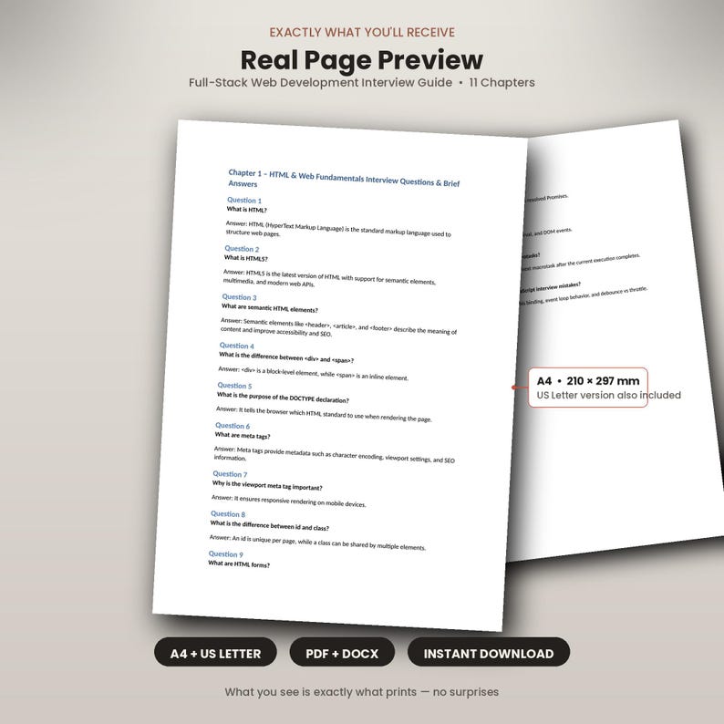 Puede incluir: Un documento digital titulado Full-Stack Web Development Interview Guide con 11 cap&iacute;tulos. La p&aacute;gina muestra preguntas y respuestas t&eacute;cnicas sobre HTML, incluyendo una etiqueta que indica A4 210 x 297 mm y versi&oacute;n US Letter incluida.