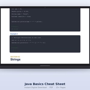 Op de afbeelding: Een digitaal Java Basics spiekbriefje weergegeven op een laptopscherm, met codefragmenten voor variabele declaraties en printinstructies, waarbij de tekst Section 02 Strings zichtbaar is onder de codeblokken in een strakke lay-out.