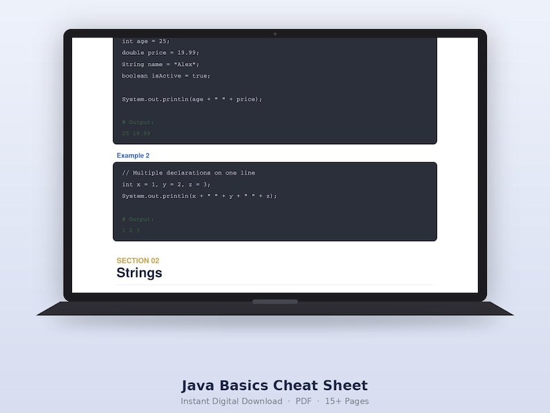 Op de afbeelding: Een digitaal Java Basics spiekbriefje weergegeven op een laptopscherm, met codefragmenten voor variabele declaraties en printinstructies, waarbij de tekst Section 02 Strings zichtbaar is onder de codeblokken in een strakke lay-out.