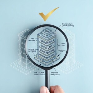 K&ouml;nnte beinhalten: Eine Lupe fokussiert ein Geb&auml;udediagramm mit der Aufschrift Skill Tower, dessen Ebenen als JVM Internals, OOP Pillars, Design Patterns und Concurrency Core markiert sind. Der Text umfasst Groctorecture, Ref: A4 JAVA Questions.doc und Interview .docx(cite: 1).