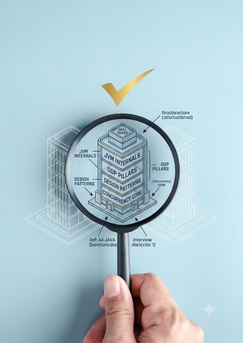 K&ouml;nnte beinhalten: Eine Lupe fokussiert ein Geb&auml;udediagramm mit der Aufschrift Skill Tower, dessen Ebenen als JVM Internals, OOP Pillars, Design Patterns und Concurrency Core markiert sind. Der Text umfasst Groctorecture, Ref: A4 JAVA Questions.doc und Interview .docx(cite: 1).