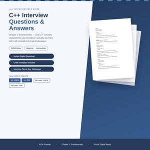 May include: A digital interview prep guide titled C++ Interview Questions & Answers, 2026 Edition. The document features text on fundamentals, code examples, and takeaways. It includes buttons for instant download and lists A4 and US Letter formats.