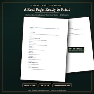 May include: A digital document preview titled Machine Learning Engineer Interview Guide with 13 chapters. The page displays Python interview questions and answers. A label indicates A4 210 x 297 mm size and US Letter version also included.