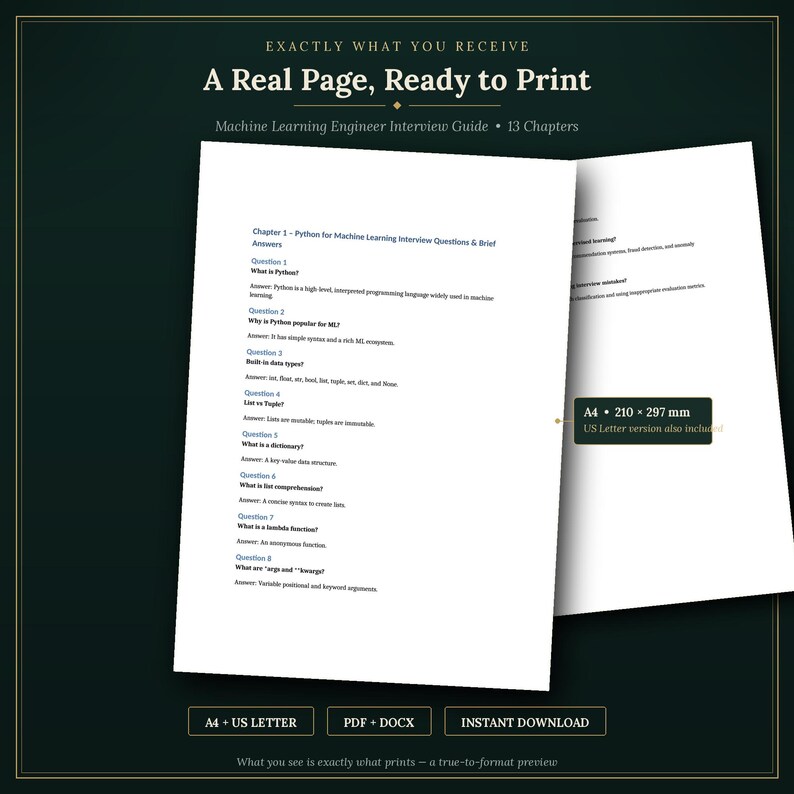 K&ouml;nnte beinhalten: Eine digitale Dokumentenvorschau mit dem Titel Machine Learning Engineer Interview Guide mit 13 Kapiteln. Die Seite zeigt Python-Interviewfragen und Antworten. Ein Etikett gibt das Format A4 210 x 297 mm an, US Letter inklusive.