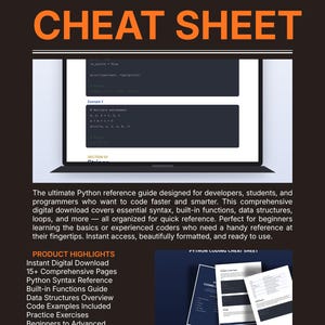 Puede incluir: Una gu&iacute;a de referencia digital Python Coding Cheat Sheet con el texto PYTHON CODING CHEAT SHEET en la parte superior. El documento incluye ejemplos de c&oacute;digo, sintaxis y estructuras de datos en una pantalla de port&aacute;til y p&aacute;ginas impresas.
