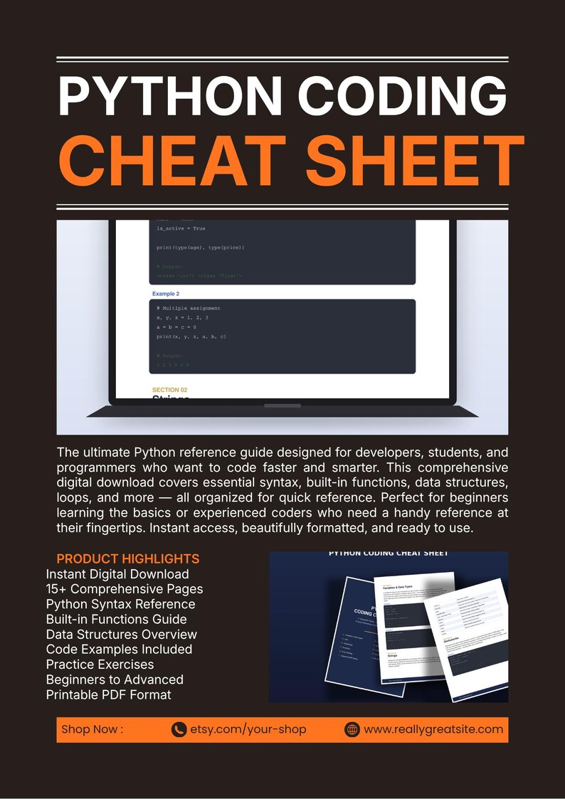 Puede incluir: Una gu&iacute;a de referencia digital Python Coding Cheat Sheet con el texto PYTHON CODING CHEAT SHEET en la parte superior. El documento incluye ejemplos de c&oacute;digo, sintaxis y estructuras de datos en una pantalla de port&aacute;til y p&aacute;ginas impresas.