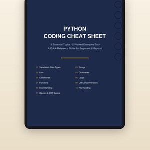 Puede incluir: Una pantalla de tableta digital azul oscuro que muestra una hoja de trucos de codificaci&oacute;n Python. El texto incluye 11 temas esenciales, 2 ejemplos resueltos cada uno y una gu&iacute;a de referencia r&aacute;pida para principiantes. Debajo, el texto dice Read Anywhere.