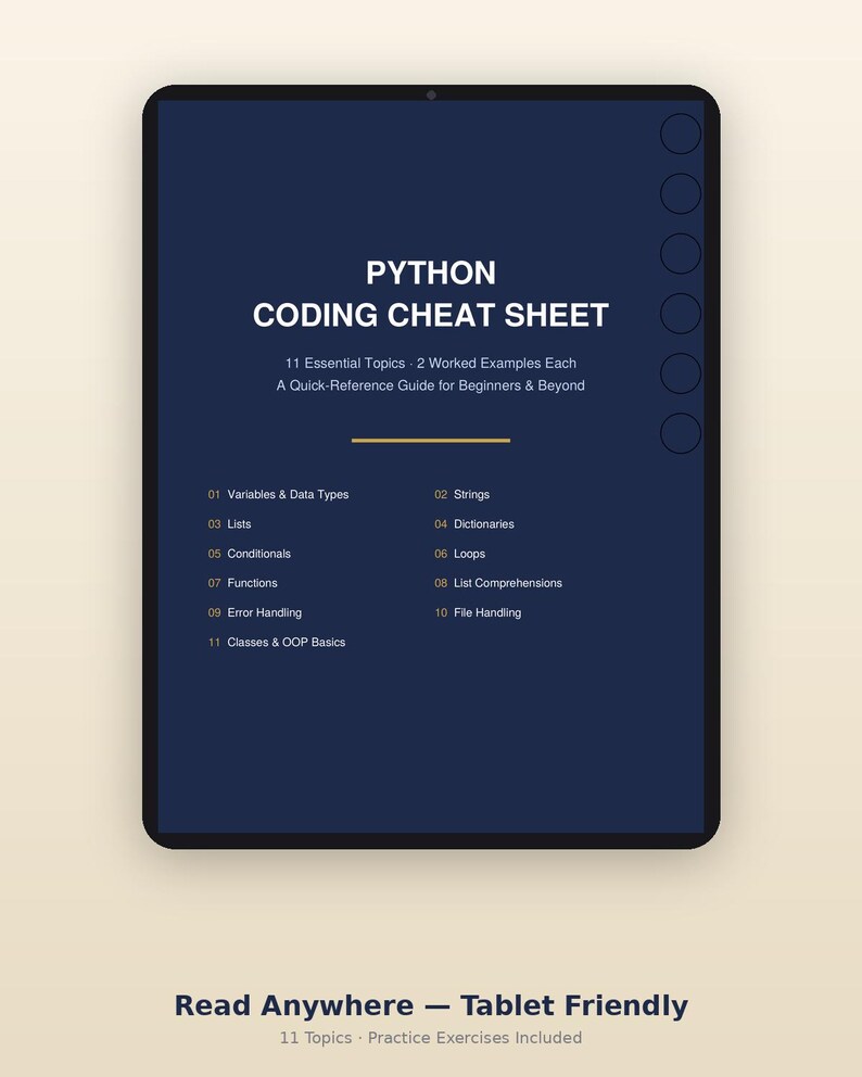 Puede incluir: Una pantalla de tableta digital azul oscuro que muestra una hoja de trucos de codificaci&oacute;n Python. El texto incluye 11 temas esenciales, 2 ejemplos resueltos cada uno y una gu&iacute;a de referencia r&aacute;pida para principiantes. Debajo, el texto dice Read Anywhere.