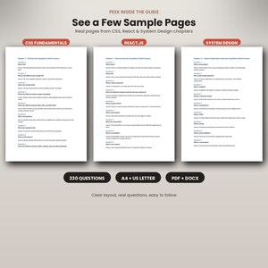 Puede incluir: Tres p&aacute;ginas blancas de una gu&iacute;a t&eacute;cnica con preguntas de entrevista sobre CSS Fundamentals, React.js y System Design. El texto incluye encabezados, preguntas numeradas y respuestas breves. Etiquetas indican 330 preguntas, A4 y US Letter.