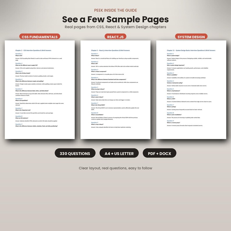Puede incluir: Tres p&aacute;ginas blancas de una gu&iacute;a t&eacute;cnica con preguntas de entrevista sobre CSS Fundamentals, React.js y System Design. El texto incluye encabezados, preguntas numeradas y respuestas breves. Etiquetas indican 330 preguntas, A4 y US Letter.