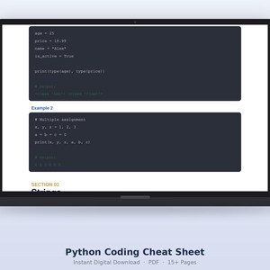 Puede incluir: Una pantalla de port&aacute;til que muestra una hoja de trucos de programaci&oacute;n en Python con bloques de c&oacute;digo gris oscuro. El texto visible incluye asignaciones de variables como age, price, name e is_active, junto con instrucciones print y ejemplos bajo Section 02 Strings.