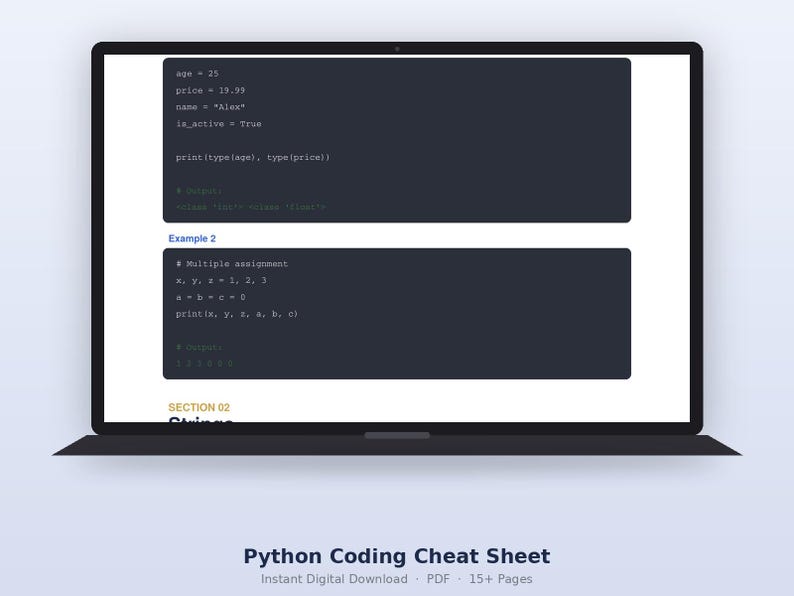 Puede incluir: Una pantalla de port&aacute;til que muestra una hoja de trucos de programaci&oacute;n en Python con bloques de c&oacute;digo gris oscuro. El texto visible incluye asignaciones de variables como age, price, name e is_active, junto con instrucciones print y ejemplos bajo Section 02 Strings.