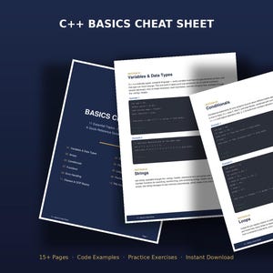 Puede incluir: Una hoja de referencia C++ Basics que contiene varias páginas con contenido técnico de programación. Las páginas muestran ejemplos de código y explicaciones sobre variables, tipos de datos, condicionales y bucles sobre un fondo azul oscuro.