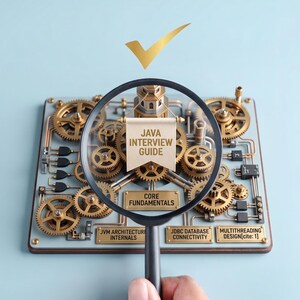K&ouml;nnte beinhalten: Eine Lupe &uuml;ber einer mechanischen Platte mit goldenen Zahnr&auml;dern und Schildern mit der Aufschrift JAVA INTERVIEW GUIDE, CORE FUNDAMENTALS, JVM ARCHITECTURE INTERNALS, JDBC DATABASE CONNECTIVITY und MULTITHREADING DESIGN, gekr&ouml;nt von einem goldenen H&auml;kchen.
