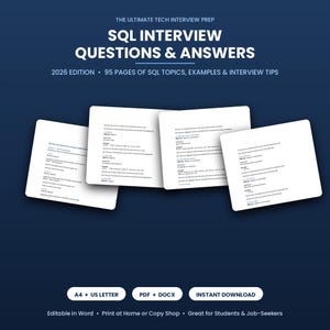 May include: A digital document titled The Ultimate Tech Interview Prep SQL Interview Questions & Answers 2026 Edition, featuring 95 pages of SQL topics, examples, and tips. Includes A4 and US Letter formats in PDF and DOCX files for download.