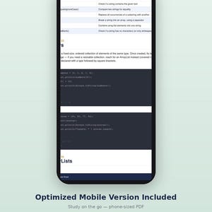 Op de afbeelding: Een smartphone die een digitaal document met programmeercodefragmenten en tekst weergeeft. Het scherm toont secties met de labels 03 Arrays en 04 Lists, met Java-codevoorbeelden, methodebeschrijvingen en technische uitleg op een lichte achtergrond.
