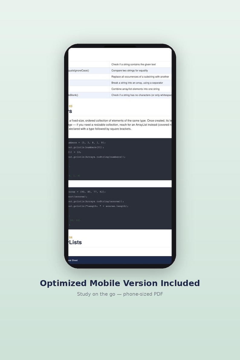 Op de afbeelding: Een smartphone die een digitaal document met programmeercodefragmenten en tekst weergeeft. Het scherm toont secties met de labels 03 Arrays en 04 Lists, met Java-codevoorbeelden, methodebeschrijvingen en technische uitleg op een lichte achtergrond.