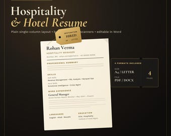 Hospitality Hotel Resume Template | ATS Resume Template Word and Google Docs | Editable 1 Page CV with Cover Letter