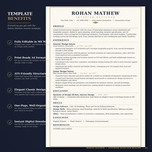 Plantilla de currículum para diseñador de interiores /ATS/ CV minimalista / Editable en Microsoft Word (Descarga instantánea)