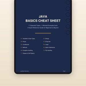 Op de afbeelding: Een digitaal Java Basics spiekbriefje weergegeven op een tabletscherm. Het donkerblauwe document bevat 11 essenti&euml;le onderwerpen, waaronder variabelen, datatypes, strings, arrays, arraylists, conditionals, loops, methoden, switch-statements, exception handling, file handling en klassen en OOP-basisprincipes.