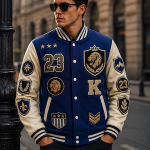 Puede incluir: Una chaqueta universitaria azul con mangas de color crema, que presenta varios parches bordados que incluyen una cabeza de león, el número 23, la letra K, estrellas y símbolos heráldicos. La chaqueta tiene cuello, puños y dobladillo de canalé a rayas.