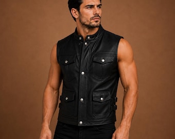Men's Leather Motorcycle Vest | Black Biker Leather Vest | Western Cowboy Riding Vest | Snap Button Leather Jacket Vest | Gothic Punk Style