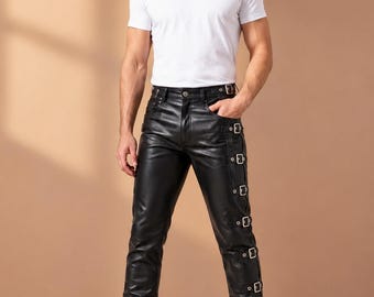 Herren Schwarz Leder Schnalle Hose | Gothic Biker Lederhose | Punk Rock Motorrad Hose | Slim Fit Jeans mit Schnalle