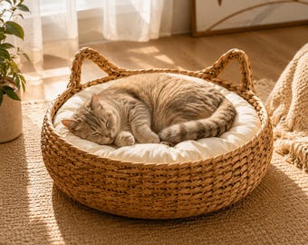 Woven pet bed indoor sleeping basket cozy cushion lounge boho pet furniture moderne home decor gift