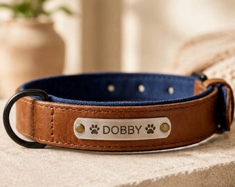 Hundehalsband mit gravierter Platte, Halsband mit Name und Nummer, elegantes Tieraccessoire, Hundegeschenk, verstellbar