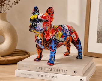 Französische Bulldogge Deko Statue Graffiti Kunst Hund Figurine Bunte Moderne Skulptur Home Office Regal Dekoration Einzigartiges Geschenk