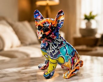 French Bulldog Decor Statue Graffiti Art Dog Figurine Colorful Modern Sculpture Home Office Shelf Decoration Unique Gift