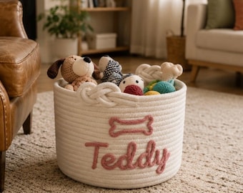 Personalisierter Spielzeugkorb für Hunde, Aufbewahrungskorb für Haustierspielzeug, Seilkorb mit Namen, Hundeliebhaber Geschenk, Haustier-Organizer, Welpenaufbewahrung