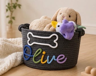 Personalisierter Spielzeugkorb für Hunde, Aufbewahrungskorb für Haustierspielzeug, Seilkorb mit Namen, Hundeliebhaber Geschenk, Haustier-Organizer, Welpenaufbewahrung