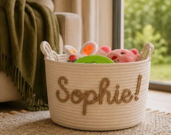 Personalisierter Spielzeugkorb für Hunde, Aufbewahrungskorb für Haustierspielzeug, Seilkorb mit Namen, Hundeliebhaber Geschenk, Haustier-Organizer, Welpenaufbewahrung