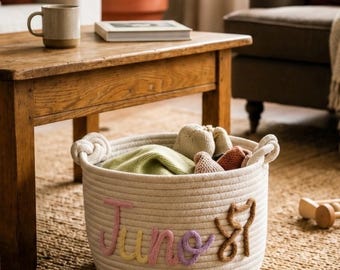 Personalisierter Spielzeugkorb für Hunde, Aufbewahrungskorb für Haustierspielzeug, Seilkorb mit Namen, Hundeliebhaber Geschenk, Haustier-Organizer, Welpenaufbewahrung